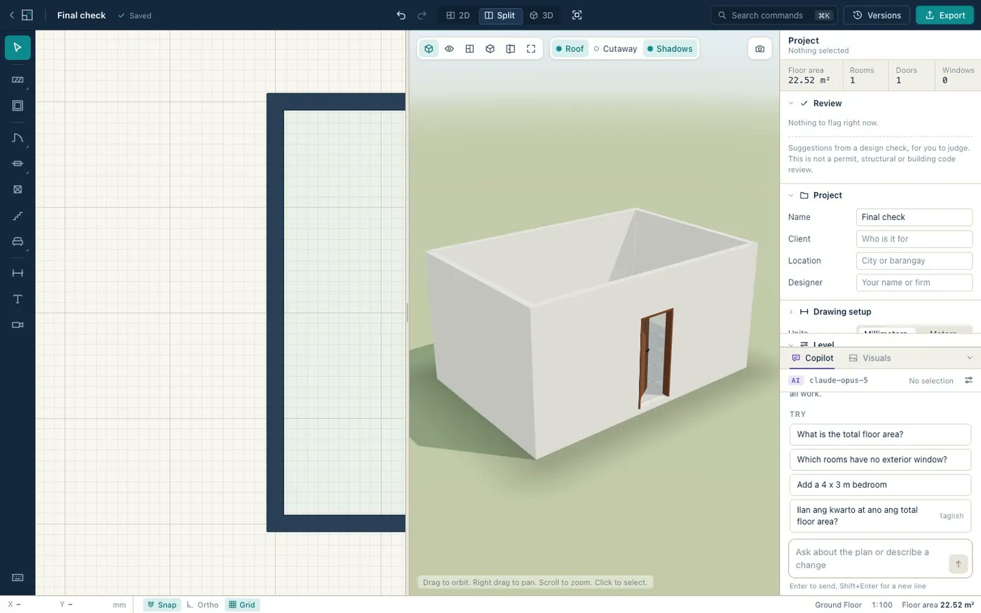 Guhit Studio editor with a 2D plan on the left and the live 3D view on the right