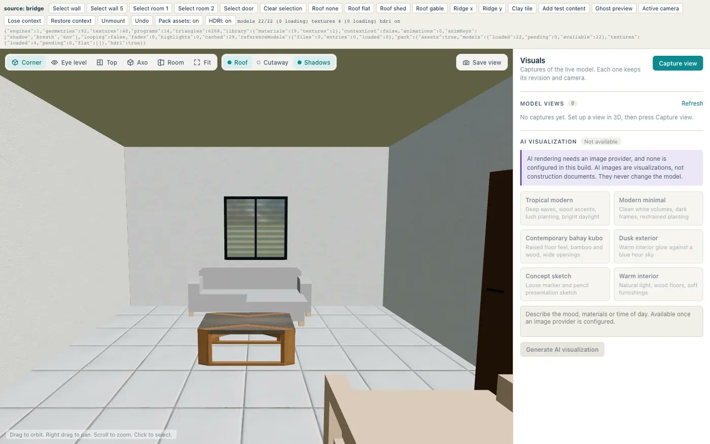An interior view with CC0 furniture and tiles