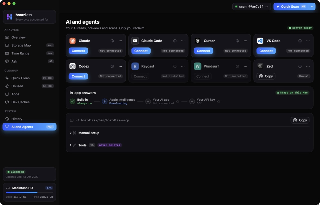 The AI and agents pane, connecting Claude Code, Cursor, Codex and other MCP clients