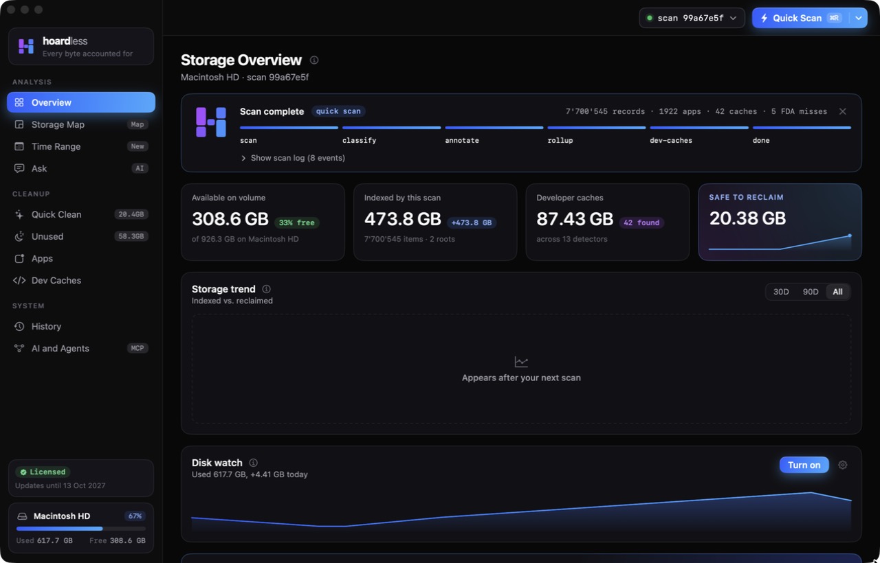 Hoardless storage overview: available space, indexed bytes, developer caches and what is safe to reclaim
